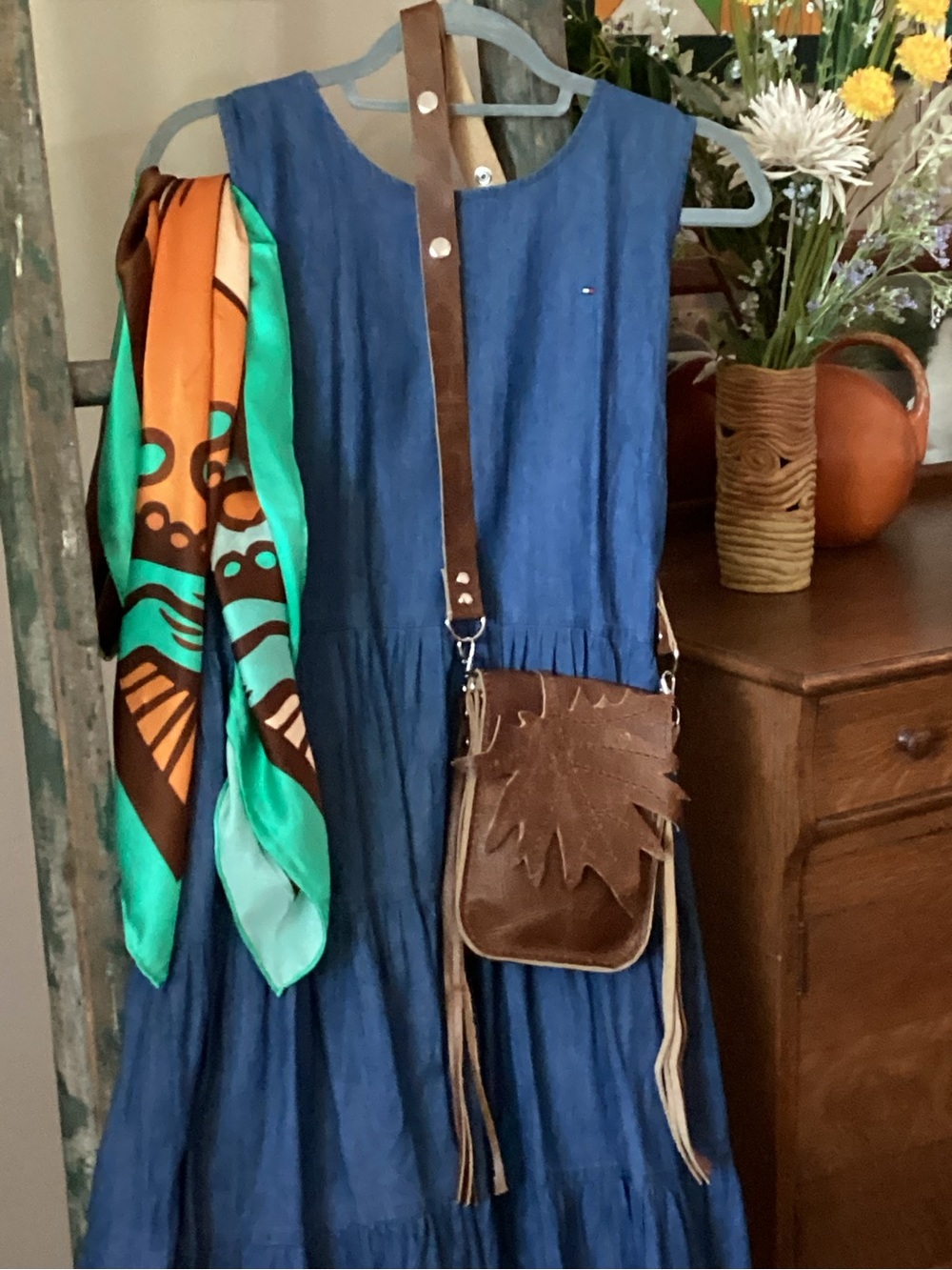Hand Crafted Brown Leather Crossbody Bag with Fringe